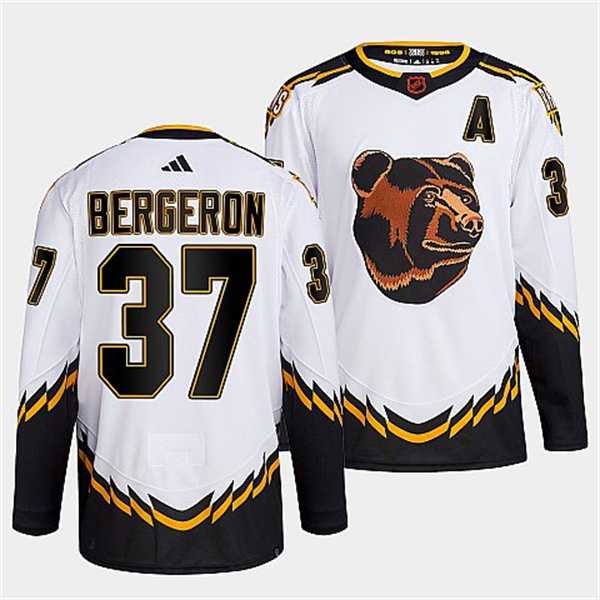 Mens Boston Bruins #37 Patrice Bergeron 2022 White Reverse Retro Stitched Jersey Dzhi